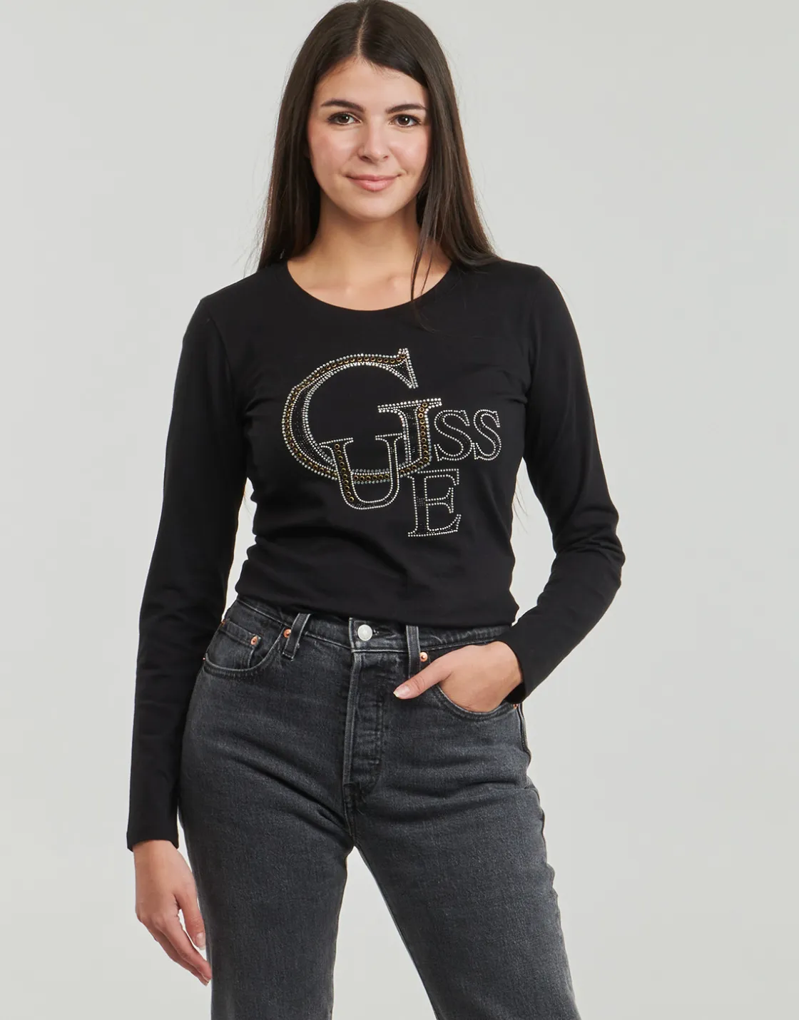 Guess - LS RN STUDDED LOGO TEE Noir Online