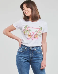 Guess - SS CN TRIANGLE FLOWERS TEE Blanc Outlet