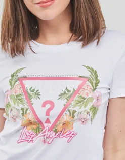 Guess - SS CN TRIANGLE FLOWERS TEE Blanc Outlet